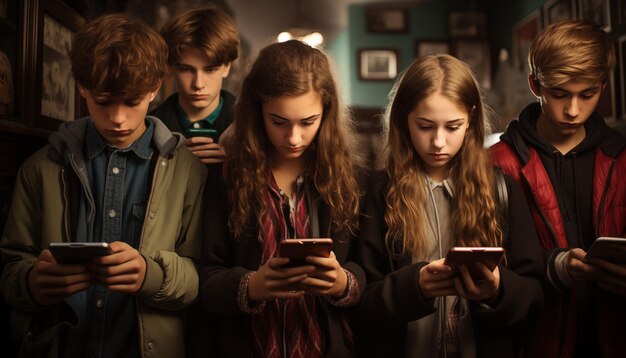 Des adolescents regardent leur téléphone portable ou leur smartphone