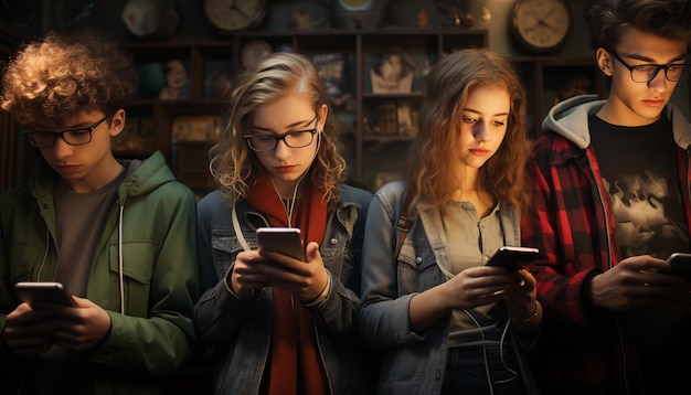 Des adolescents regardent leur téléphone portable ou leur smartphone