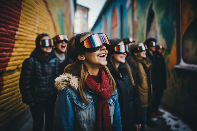 Photo des adolescents s'engagent dans l'exploration de la réalité virtuelle dans le méta-univers avec des casques vr