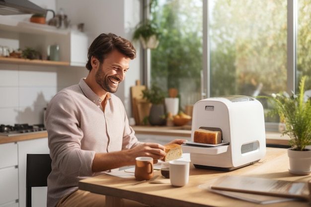 Adopter la nouvelle normalité Un mari heureux équilibre le travail à distance avec le délice du petit-déjeuner de la friteuse à air de sa femme