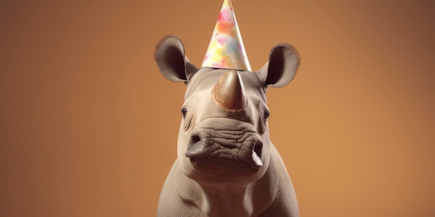 Adorable animal célébrant son anniversaire avec un chapeau sur fond plat généré par l'IA