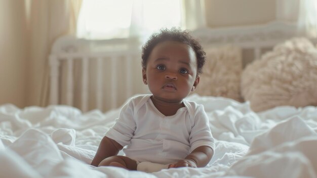 Un adorable bébé afro-américain est assis sur son lit.