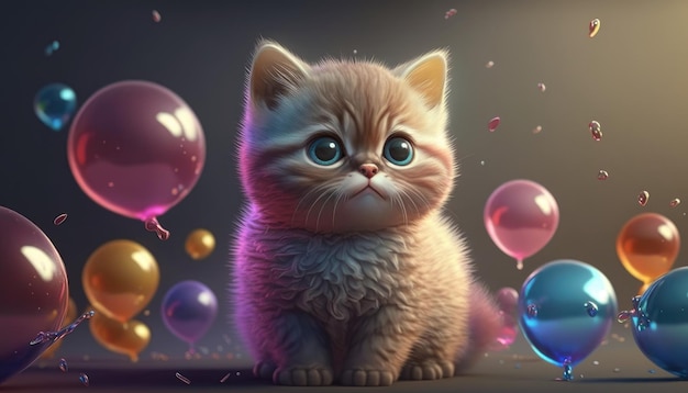 adorable bébé chat avec des ballons Créé avec Generative AI