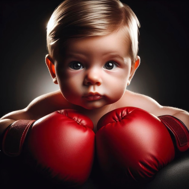 Adorable bébé garçon portant des gants de boxe rouges isolé sur un fond noir ai génératif