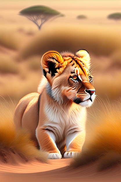 Adorable bébé lionceau africain sur une savane Illustration numérique