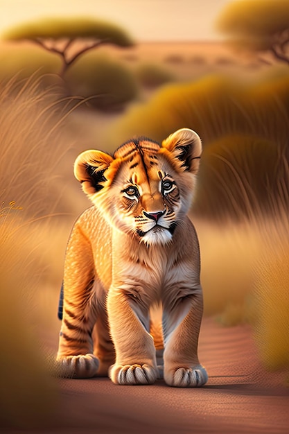 Adorable bébé lionceau africain sur une savane Illustration numérique