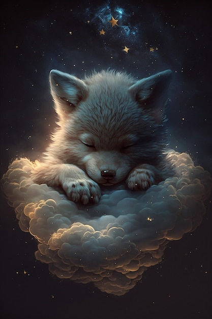 Adorable bébé loup qui dort sur le nuage