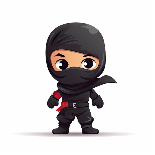 Adorable bébé ninja dans des vêtements noirs minimalistes avec un visage heureux