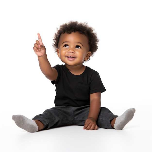 Adorable bébé noir assis sur le sol montrant un enfant mignon et enjoué