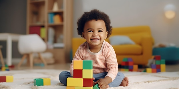 Adorable bébé noir jouant avec des blocs de construction empilés à la maison assis sur un tapis dans le salon