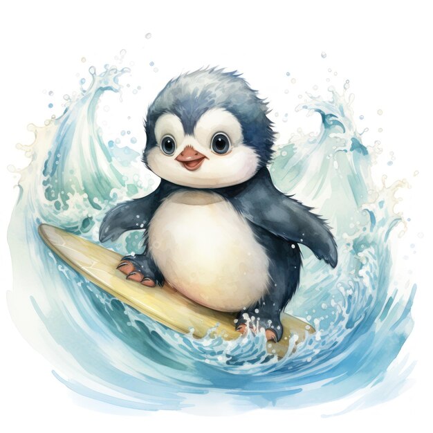 Adorable bébé pingouin chevauchant une vague Clipart aquarelle peinte à la main AI généré