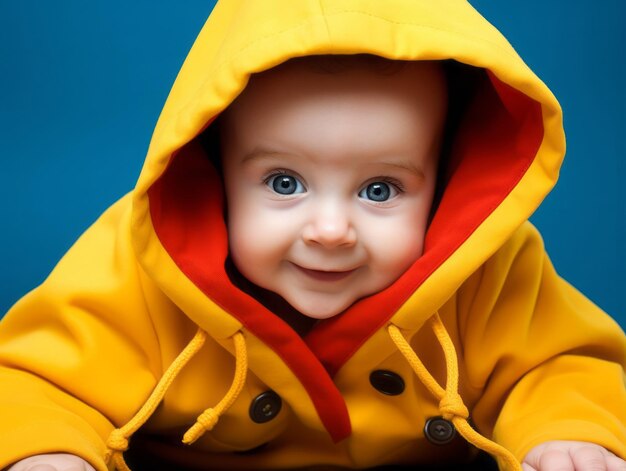 Adorable bébé avec des vêtements aux couleurs vives dans une pose ludique