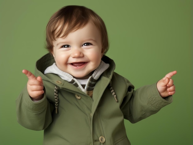 Adorable bébé avec des vêtements aux couleurs vives dans une pose ludique