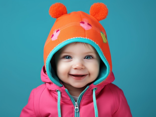 Adorable bébé avec des vêtements aux couleurs vives dans une pose ludique