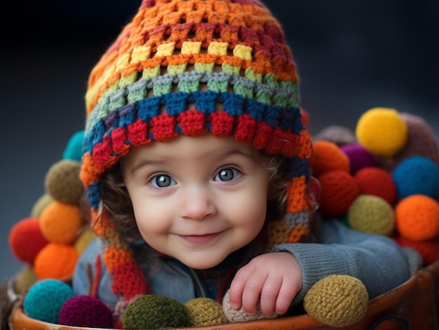 Adorable bébé avec des vêtements aux couleurs vives dans une pose ludique