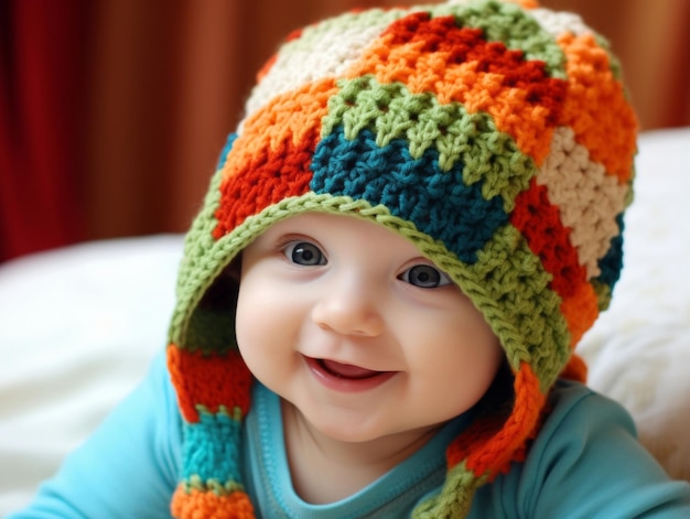 Adorable bébé avec des vêtements aux couleurs vives dans une pose ludique