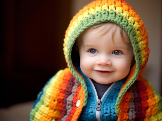 Adorable bébé avec des vêtements aux couleurs vives dans une pose ludique