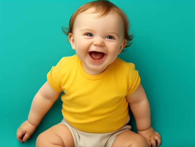 Adorable bébé avec des vêtements aux couleurs vives dans une pose ludique