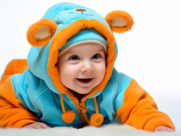 Adorable bébé avec des vêtements aux couleurs vives dans une pose ludique