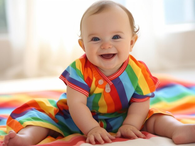 Adorable bébé avec des vêtements aux couleurs vives dans une pose ludique