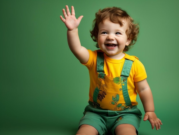Adorable bébé avec des vêtements aux couleurs vives dans une pose ludique