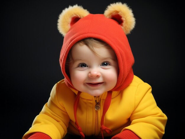 Adorable bébé avec des vêtements aux couleurs vives dans une pose ludique