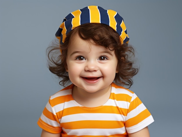 Adorable bébé avec des vêtements aux couleurs vives dans une pose ludique