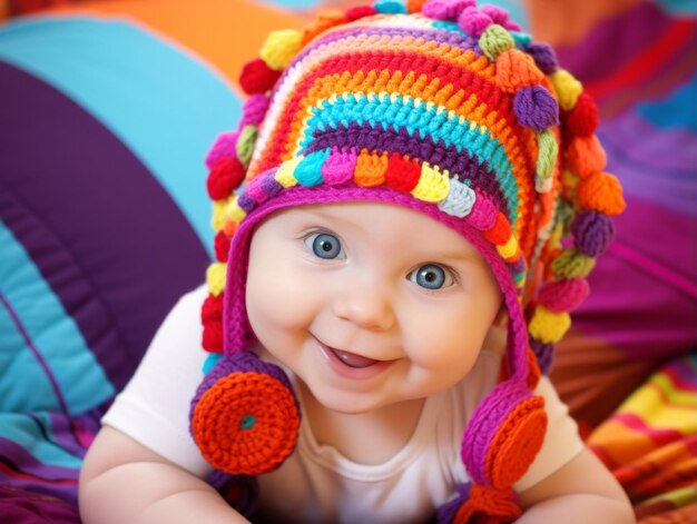 Adorable bébé avec des vêtements aux couleurs vives dans une pose ludique