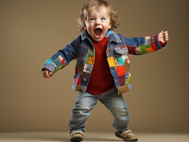 Adorable bébé avec des vêtements aux couleurs vives dans une pose ludique