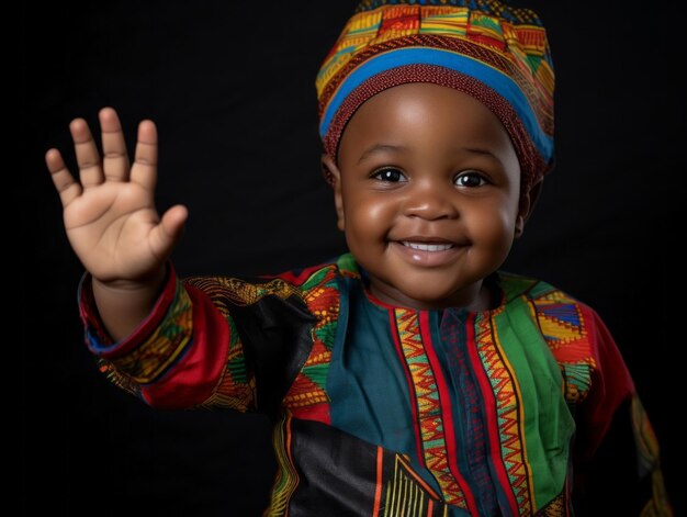 Adorable bébé avec des vêtements aux couleurs vives dans une pose ludique