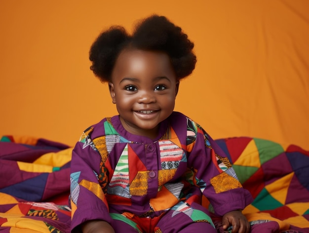 Photo adorable bébé avec des vêtements aux couleurs vives dans une pose ludique