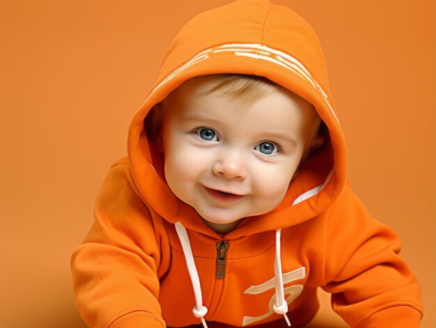 Adorable bébé avec des vêtements aux couleurs vives dans une pose ludique