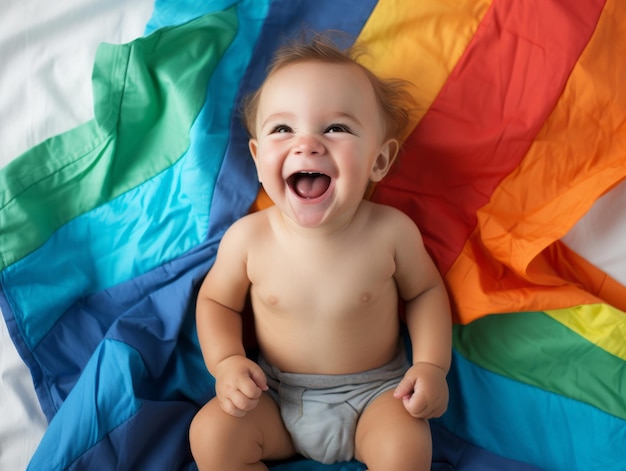 Photo adorable bébé avec des vêtements aux couleurs vives dans une pose ludique