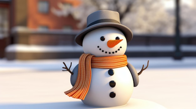 Un adorable bonhomme de neige portant un chapeau haut de forme et une écharpe colorée pour commémorer Noël