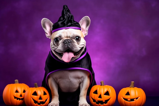 Adorable bouledogue français en costume d'Halloween avec des citrouilles méchantes sur un fond studio pourpre pur