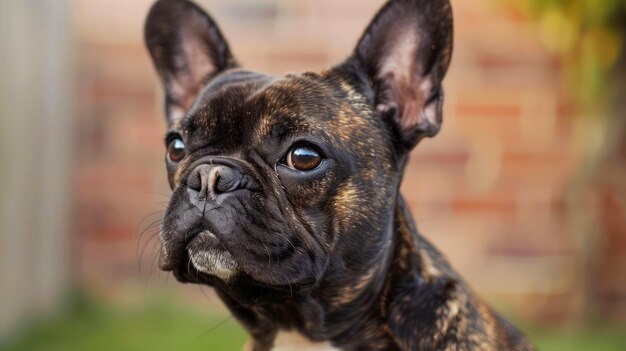 Adorable Bulldog français brindle posant avec une expression d'alerte dans un jardin doucement flou