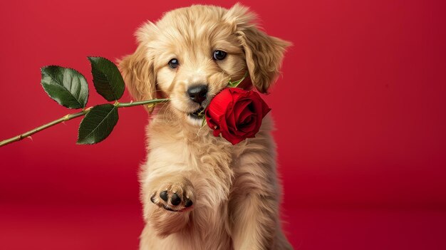 Adorable canine présente rose dans la bouche bannière de vacances