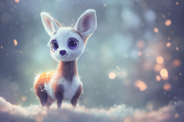 Adorable cerf sur un fond de bokeh avec le concept de fond de Noël de neige