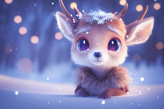 Adorable cerf sur un fond de bokeh avec le concept de fond de Noël de neige