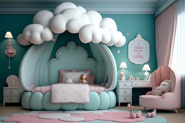 Adorable chambre d'enfant sur le thème des princesses avec décoration de nuage de jouets IA générative