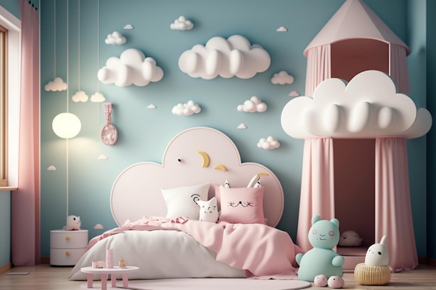 Adorable chambre d'enfant sur le thème des princesses avec décoration de nuage de jouets IA générative