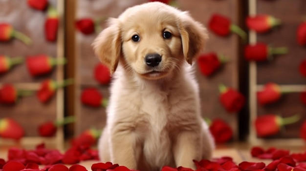 Un adorable et charmant chiot Golden Retriever présenté comme visuel pour la Saint-Valentin
