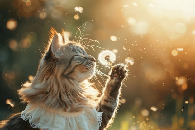 Adorable chat à cheveux longs tenant une fleur de pissenlit dans la bouche et soufflant des graines dans le parc tôt le matin