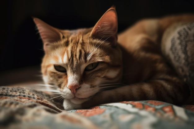 Un adorable chat dort sur le lit dans ce portrait