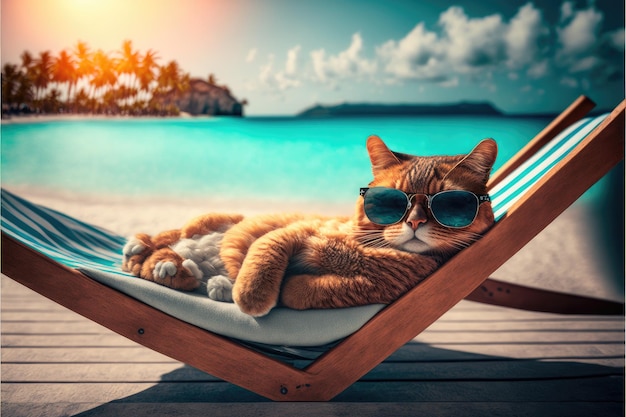 Adorable chat effrayant sur la plage portant des lunettes dans le concept de lumière du soleil d'été