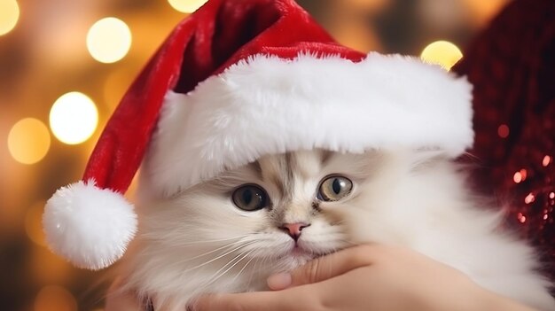 adorable chat minou en chapeau de père noël dans les mains d'une petite fille sur fond flou de fête de Noël