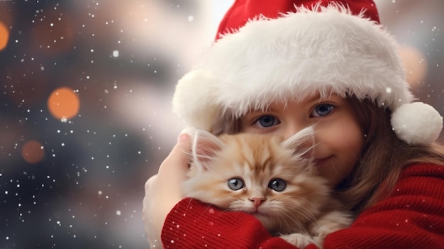 adorable chat minou en chapeau de père noël dans les mains d'une petite fille sur fond flou de fête de Noël