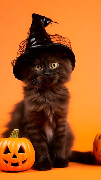 Un adorable chat noir en costume d'Halloween avec des citrouilles méchantes