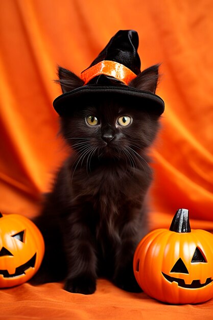 Un adorable chat noir en costume d'Halloween avec des citrouilles méchantes