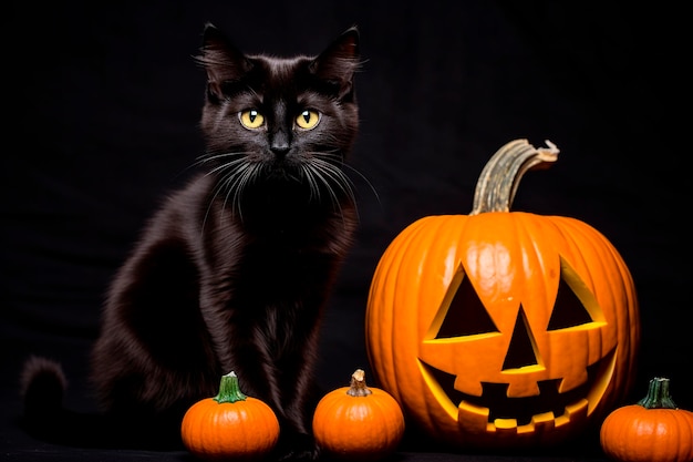 Photo un adorable chat noir en costume d'halloween avec des citrouilles méchantes